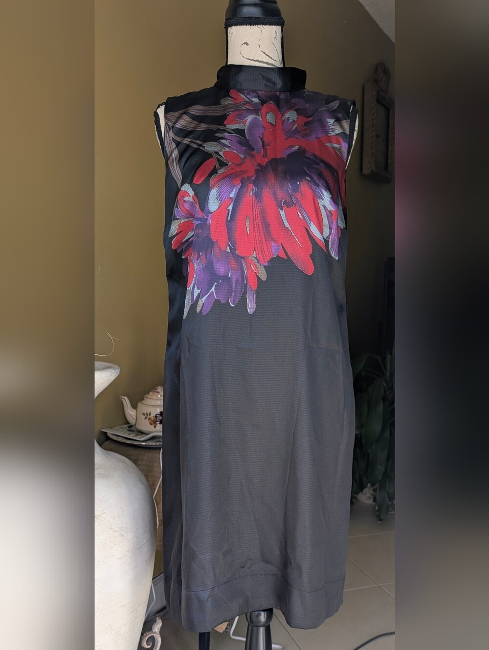 NWT Apostrophe Satin High Neck  Black Floral Midi Dress Size 4